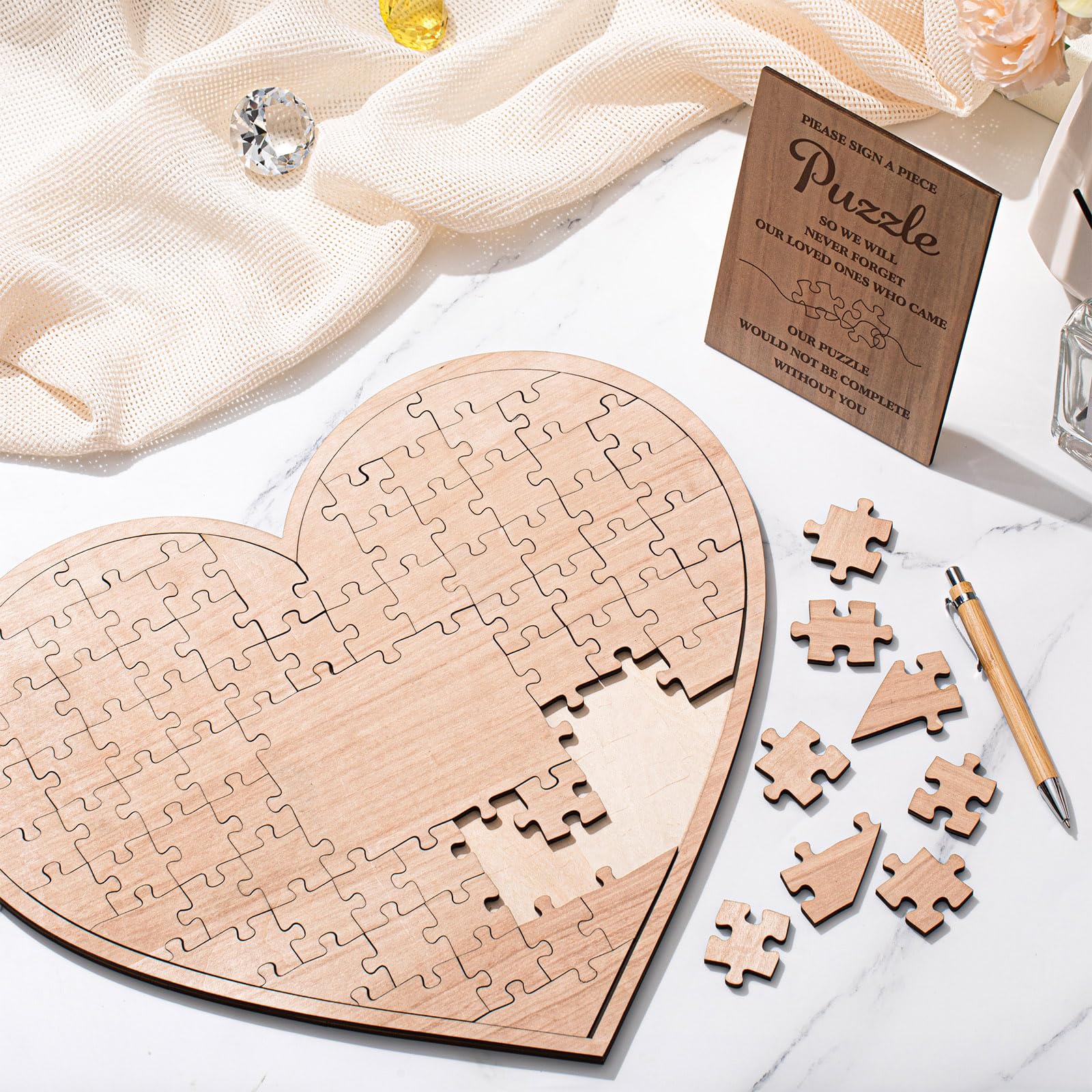 Wooden Jigsaw Puzzle Wedding Guest Book Alternative Guest Book with Sign and Pen Wooden Heart Shaped Wedding Guest Book Personalized Bridal Shower Guest Book for Engagement Anniversary Party,77 Pieces