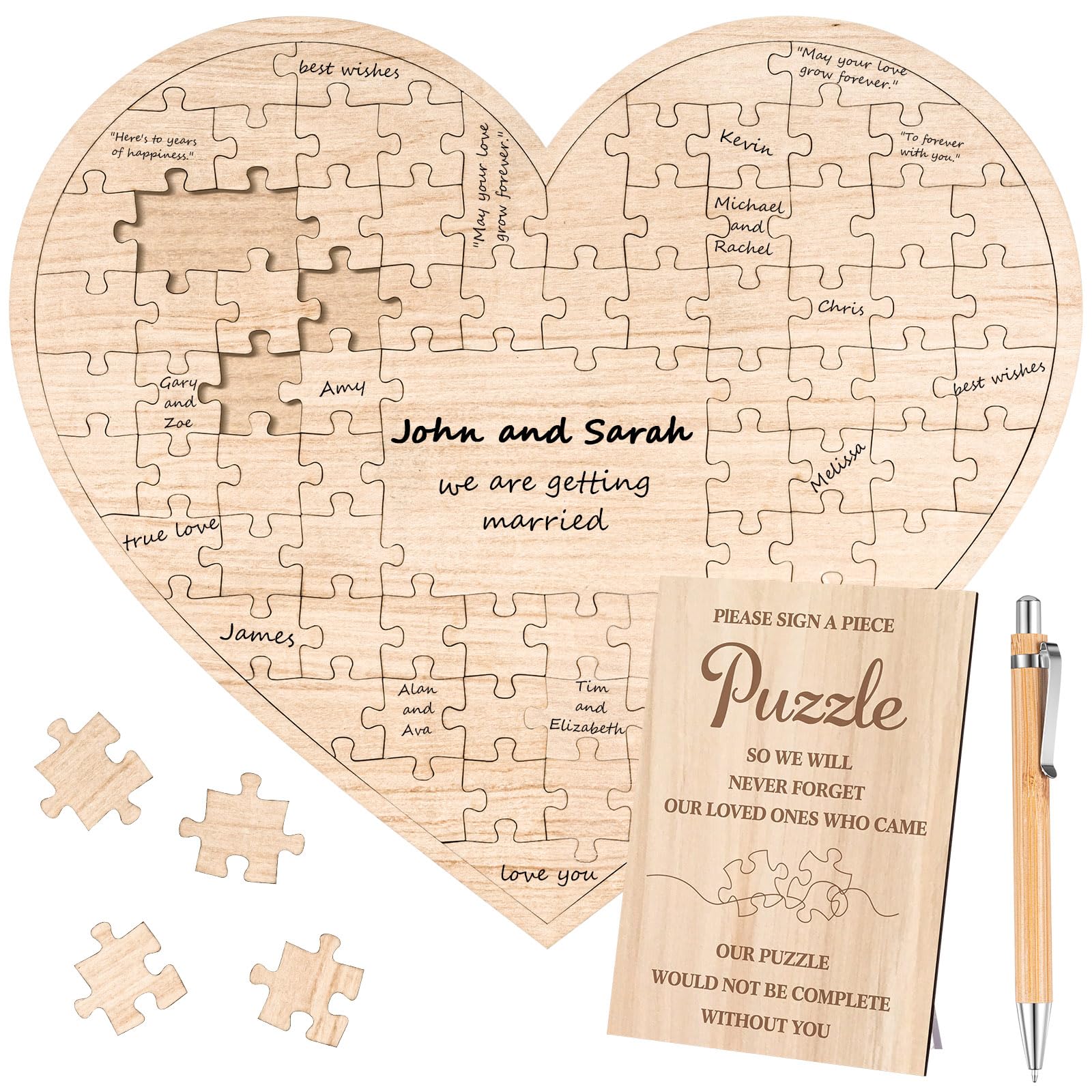 Wooden Jigsaw Puzzle Wedding Guest Book Alternative Guest Book with Sign and Pen Wooden Heart Shaped Wedding Guest Book Personalized Bridal Shower Guest Book for Engagement Anniversary Party,77 Pieces