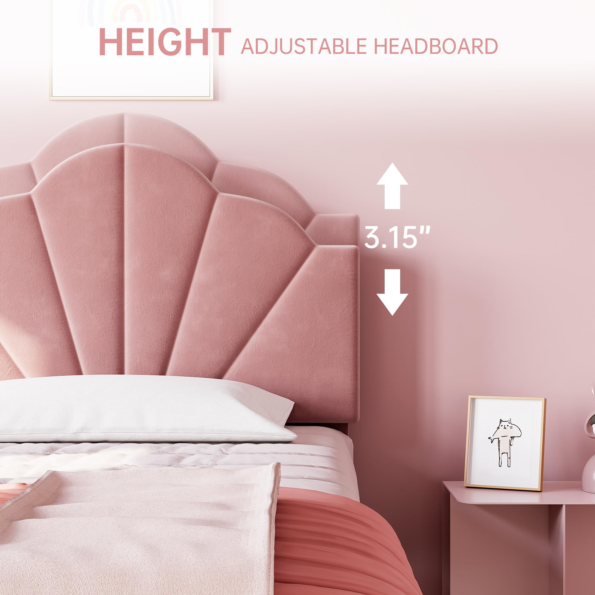 IDEALHOUSE Twin Pink Bed Frame, Twin Velvet Upholstered Bed Frame with Height Adjustable Headboard, Girl Twin Bed Frame with Strong Wood Slat Support and Metal Frame, Easy to Assemble