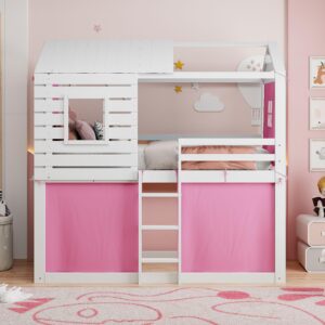 Merax Twin Over Twin Bunk Bed with Tent, Wood Twin Size House Bed Frame, Pink+White