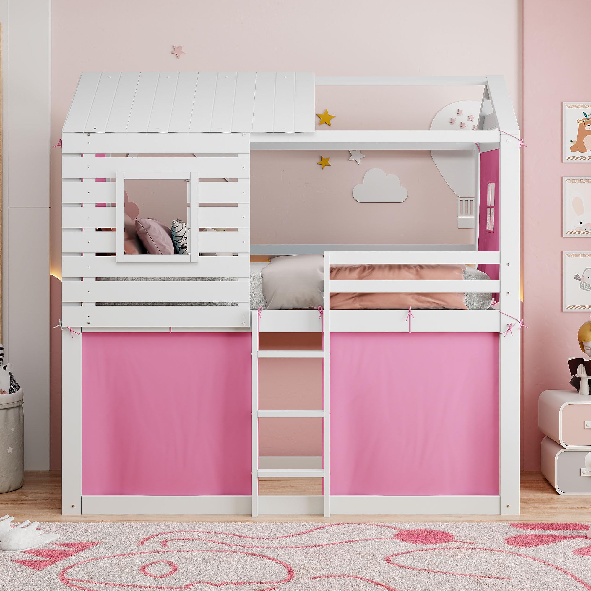 Merax Twin Over Twin Bunk Bed with Tent, Wood Twin Size House Bed Frame, Pink+White