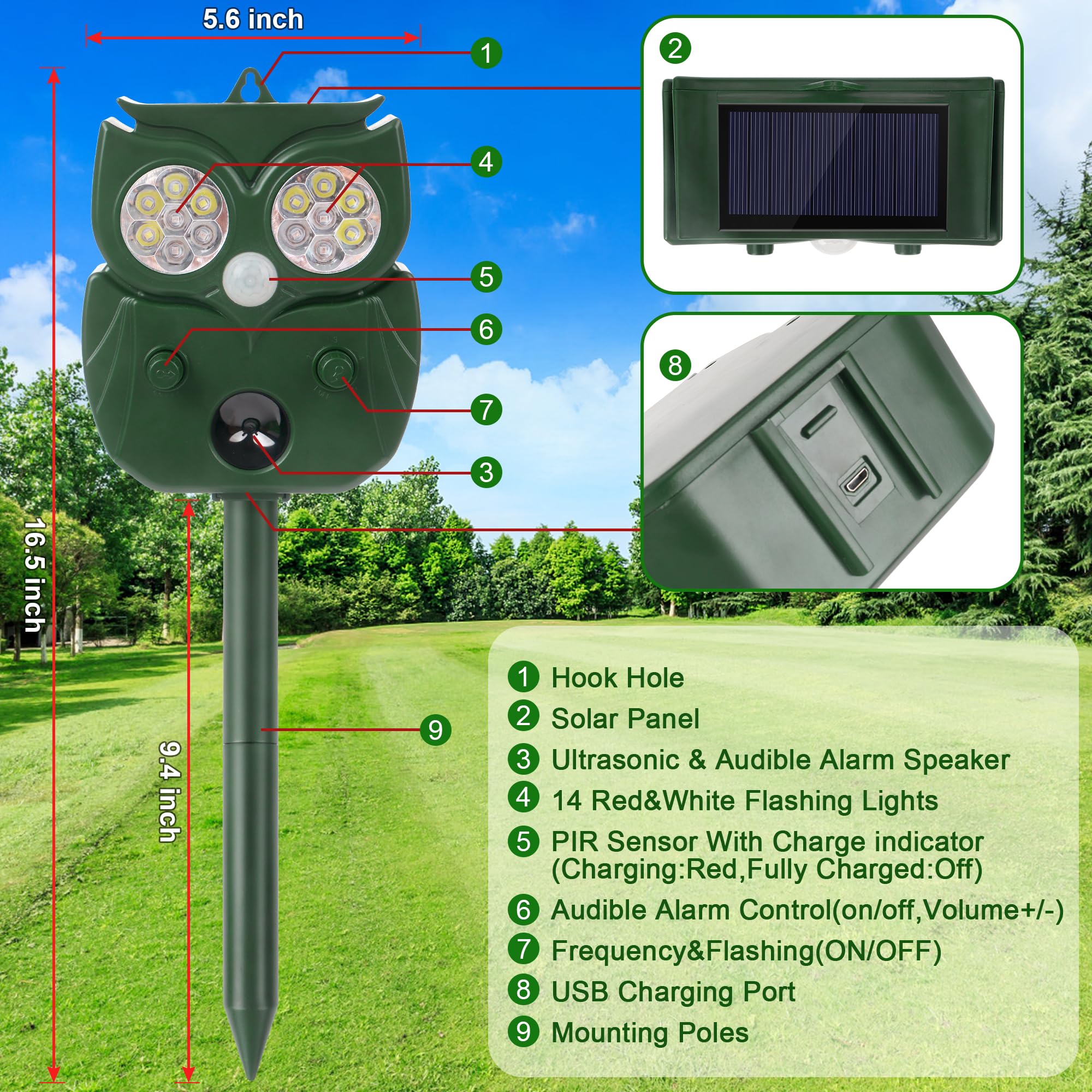 Ultrasonic Solar Animal Repellent - Waterproof Outdoor Pest Repellent for Mouse, Snake, Stray Cat, Dogs, Deers, Squirrels