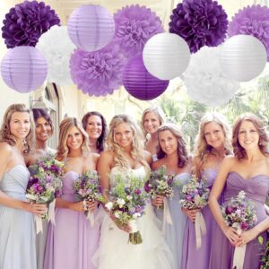 Purple-White Lavender Party Decorations Paper Flowers Lanterns - 15PCS Birthday Graduation Tissue Pom Poms Streamers, Baby Bridal Shower Wedding Retirement Bachelorette Hanging Supplies Decor Hugfond