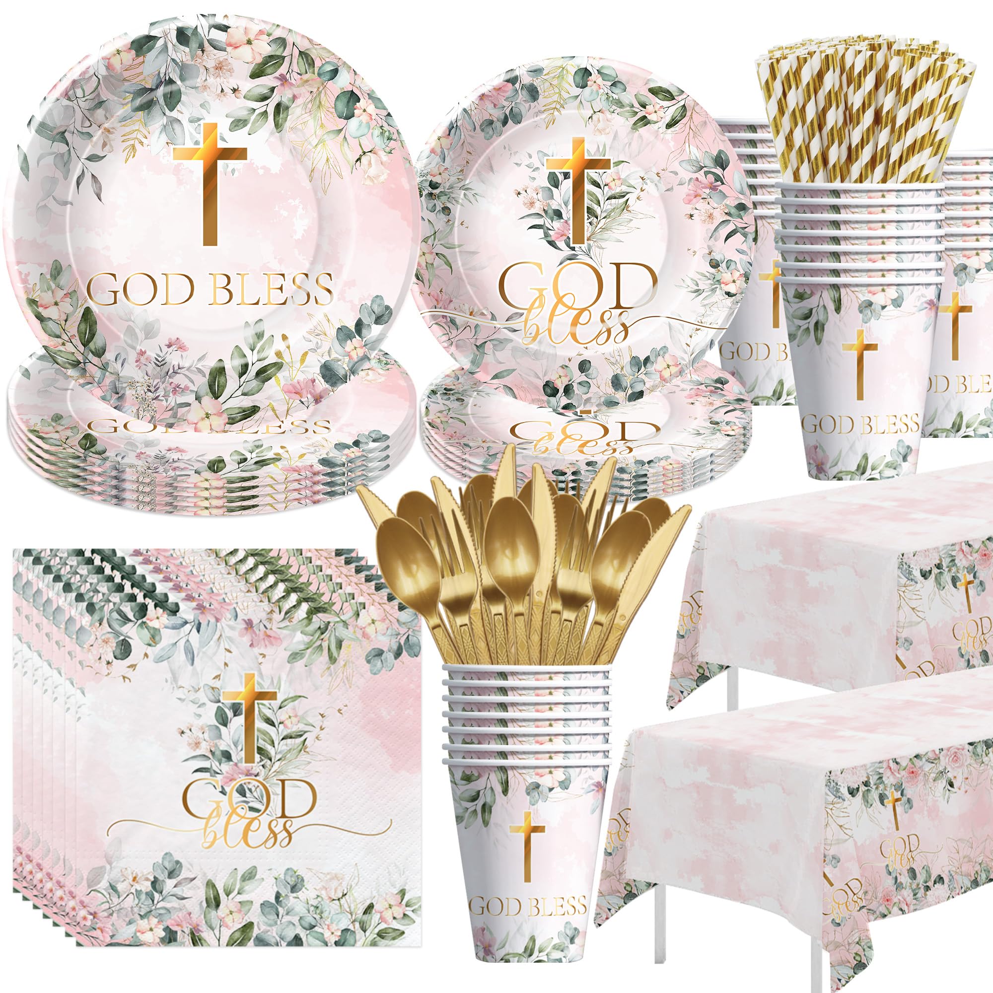 Suhelkit God Bless Baptism Plates And Napkins Girl - First Communion Decorations Party Tableware, Plate, Cup, Napkin, Tablecloth, Cutlery, For Christening Celebration Baby Shower Religious | Serve 24