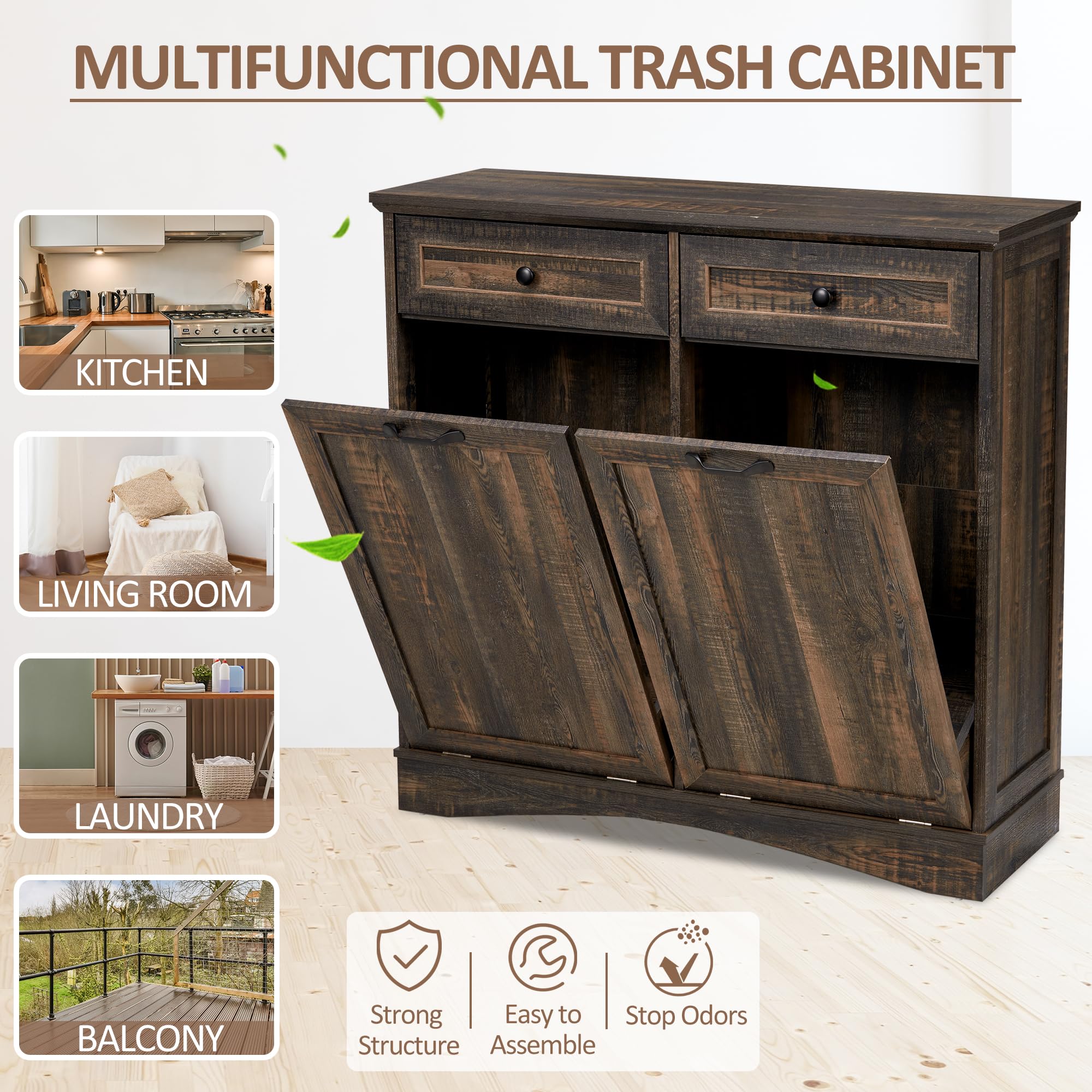 OUTGUAVA Double Tilt Out Trash Cabinet Kitchen Trash Bin Cabinet Recycling Trash Cabinet with Hideaway Drawers, 2x13 Gallons Pet Proof Trash Can Cabinet for Kitchen Living Room, Rustic Brown