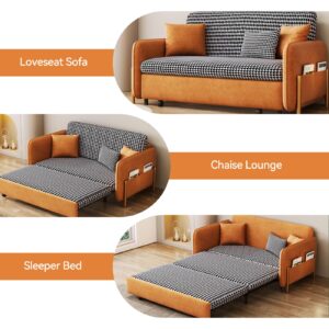 siu want 3 in 1 Sleeper Sofa Couch Bed, Convertible Pull Out Couch with Storage, Orange Folding Loveseat with 3 Pillows, Side Pockets, Velvet Sofa Bed for Living Room - 55.3In