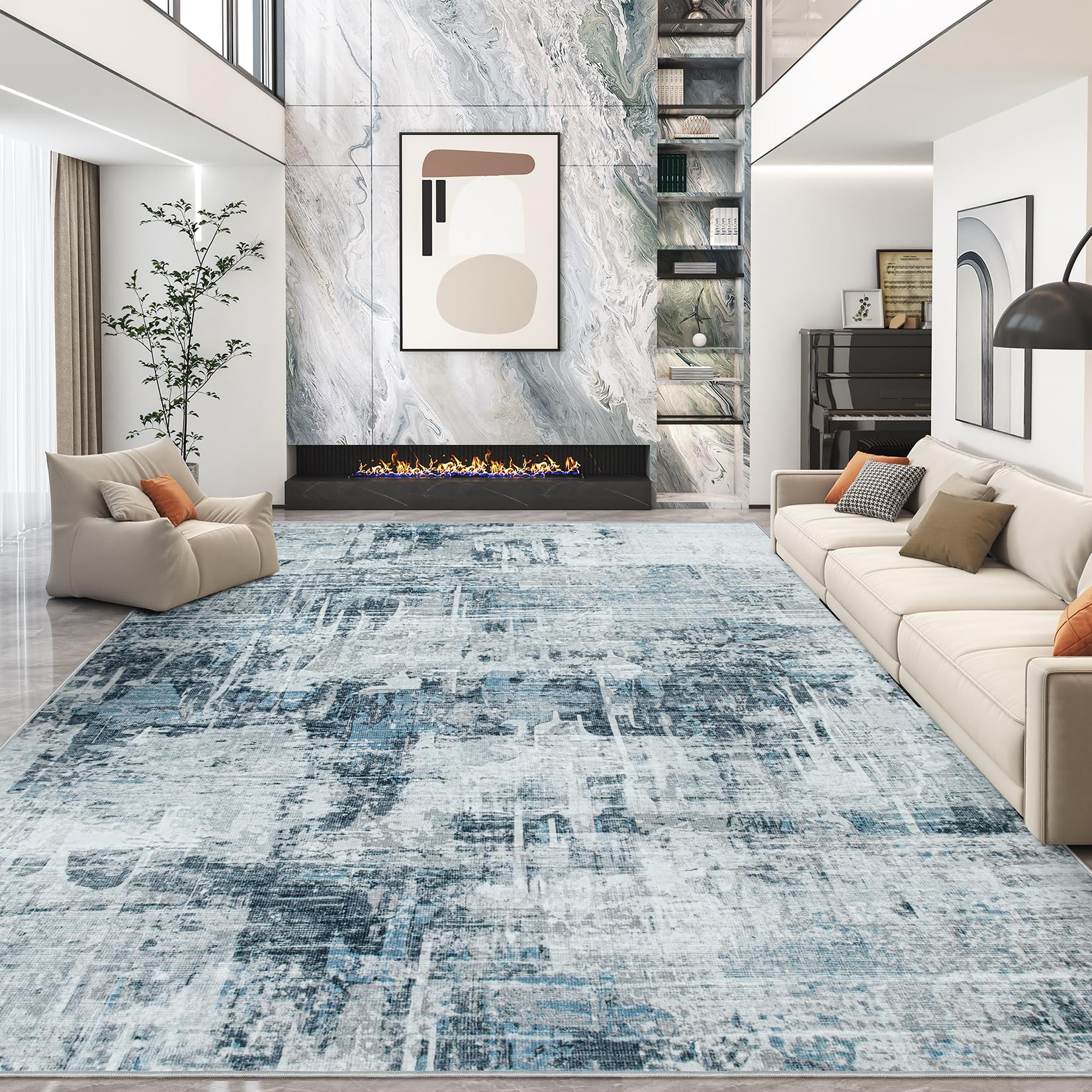 Area Rugs 8x10 Living Room Rug: Large Modern Abstract Soft Rug Non-Slip, Washable Low Pile Floor Carpet for Bedroom, Kitchen, Dining Table Home Office (Blue, 8'x10')