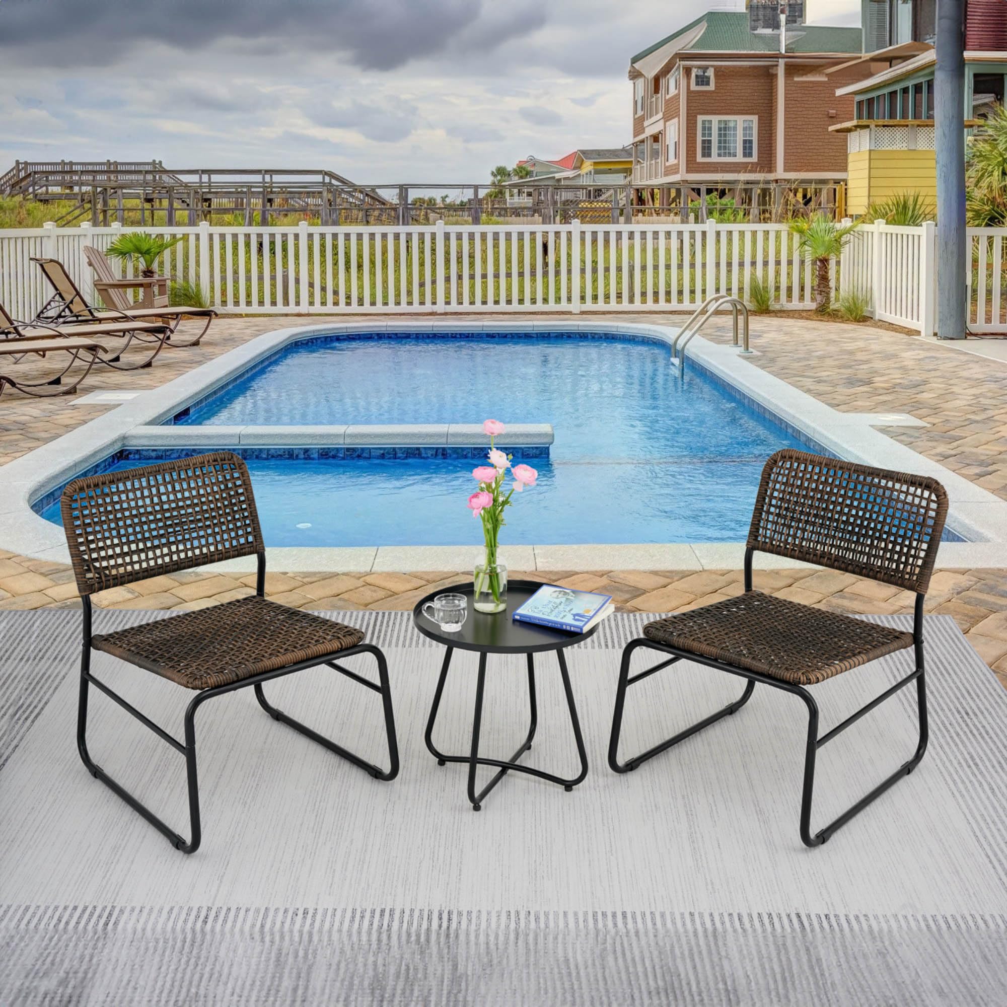 3 Pieces Patio Conversation Bistro Set, Outdoor FurnitureBistro Set, Outdoor Rattan Furniture with Round Table and 2 Armchairs for Lawn, Garden, Balcony, Poolside, Steel Frame, Black