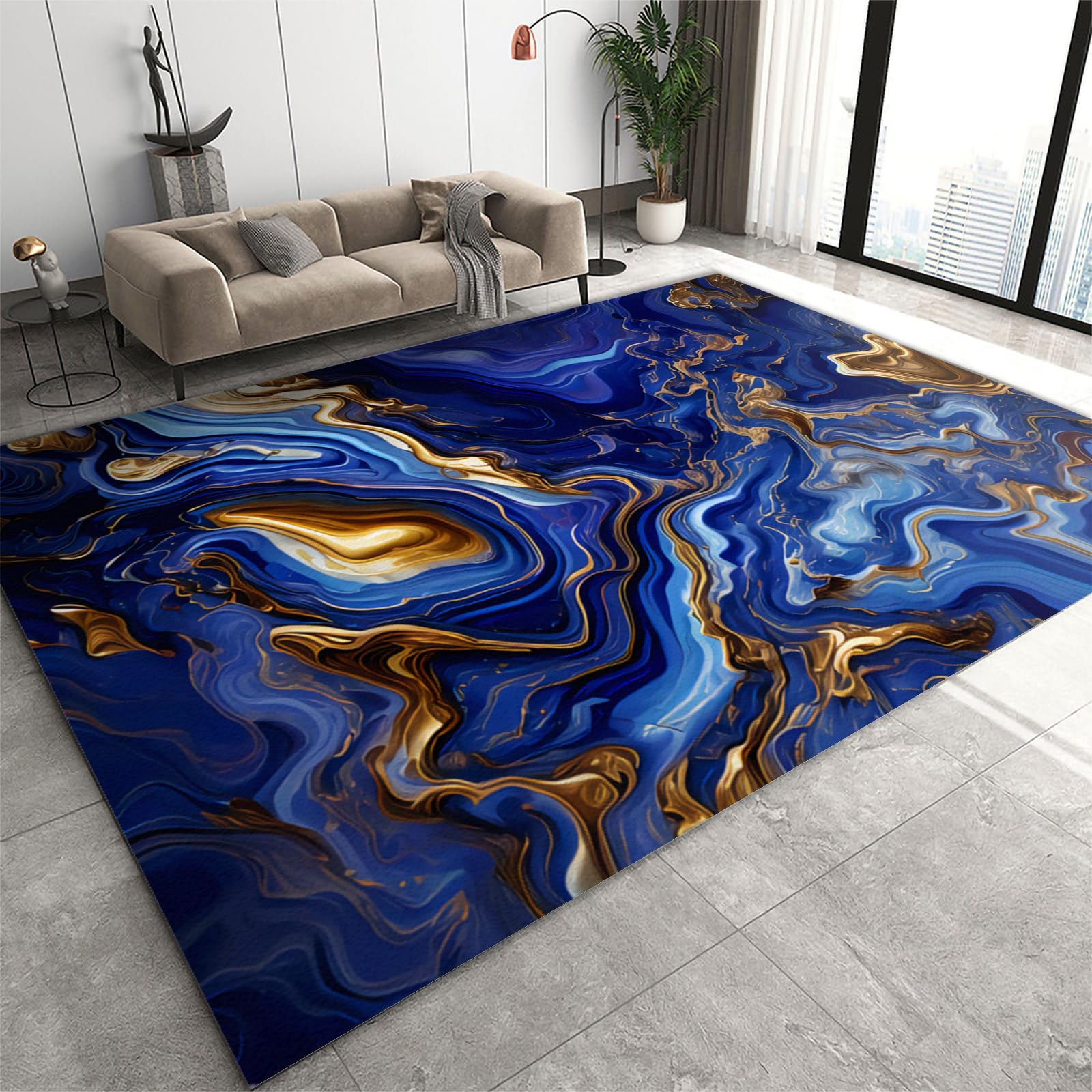 HUAKAM Navy Blue and Gold Marble Area Rug, Retro and Luxurious Living Room Throw Rugs, Machine Washable Rug Lightweight Portable Breathable for Bedroom Study Dining Room5 x 7ft, Style-20