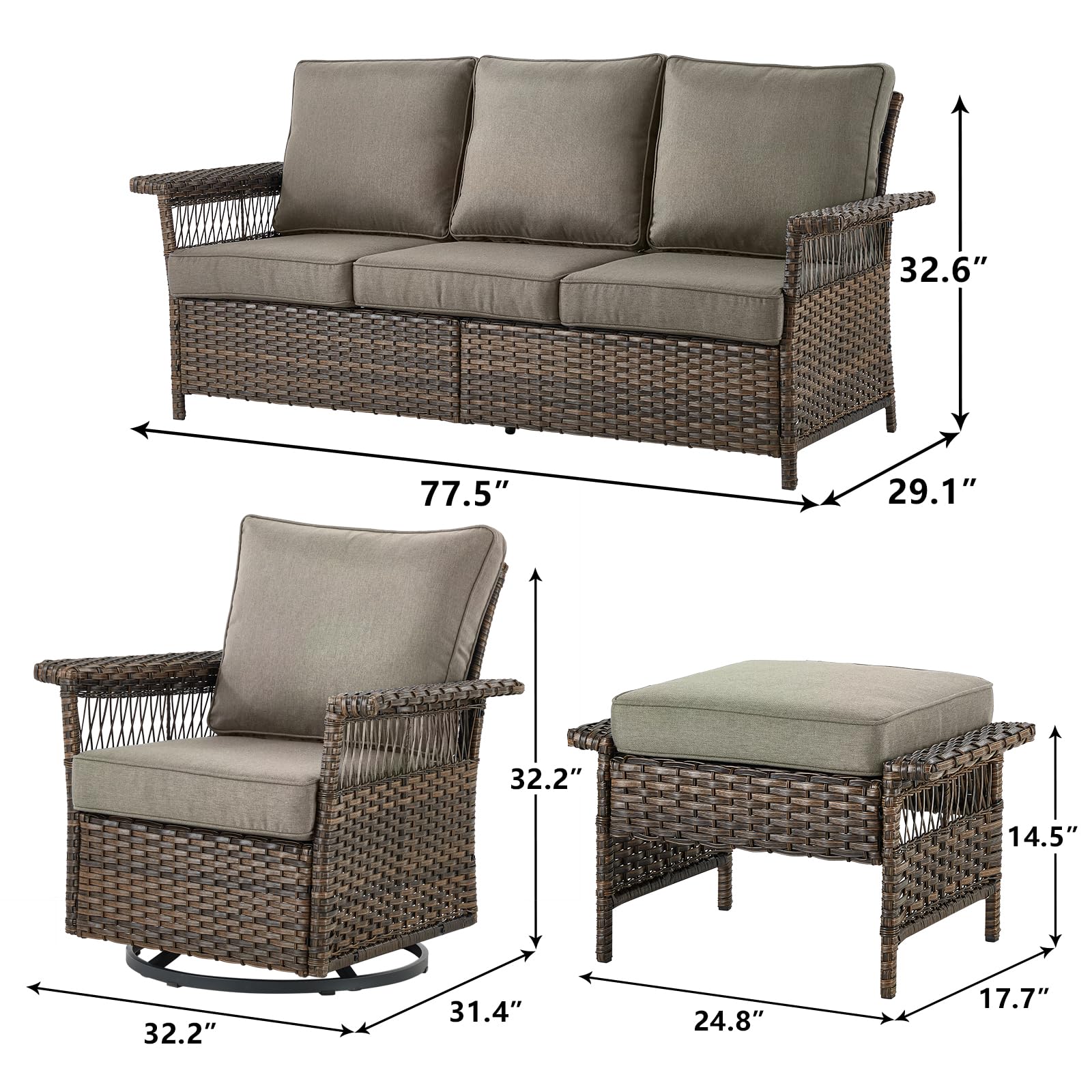 Pugire Outdoor Wicker Patio Furniture Set - 5 Piece Rattan Patio Conversation Sets with 2 Rocking Swivel Chairs,2 Ottomans and 1 Sofa for Porch Deck Garden(Brown/Grey)