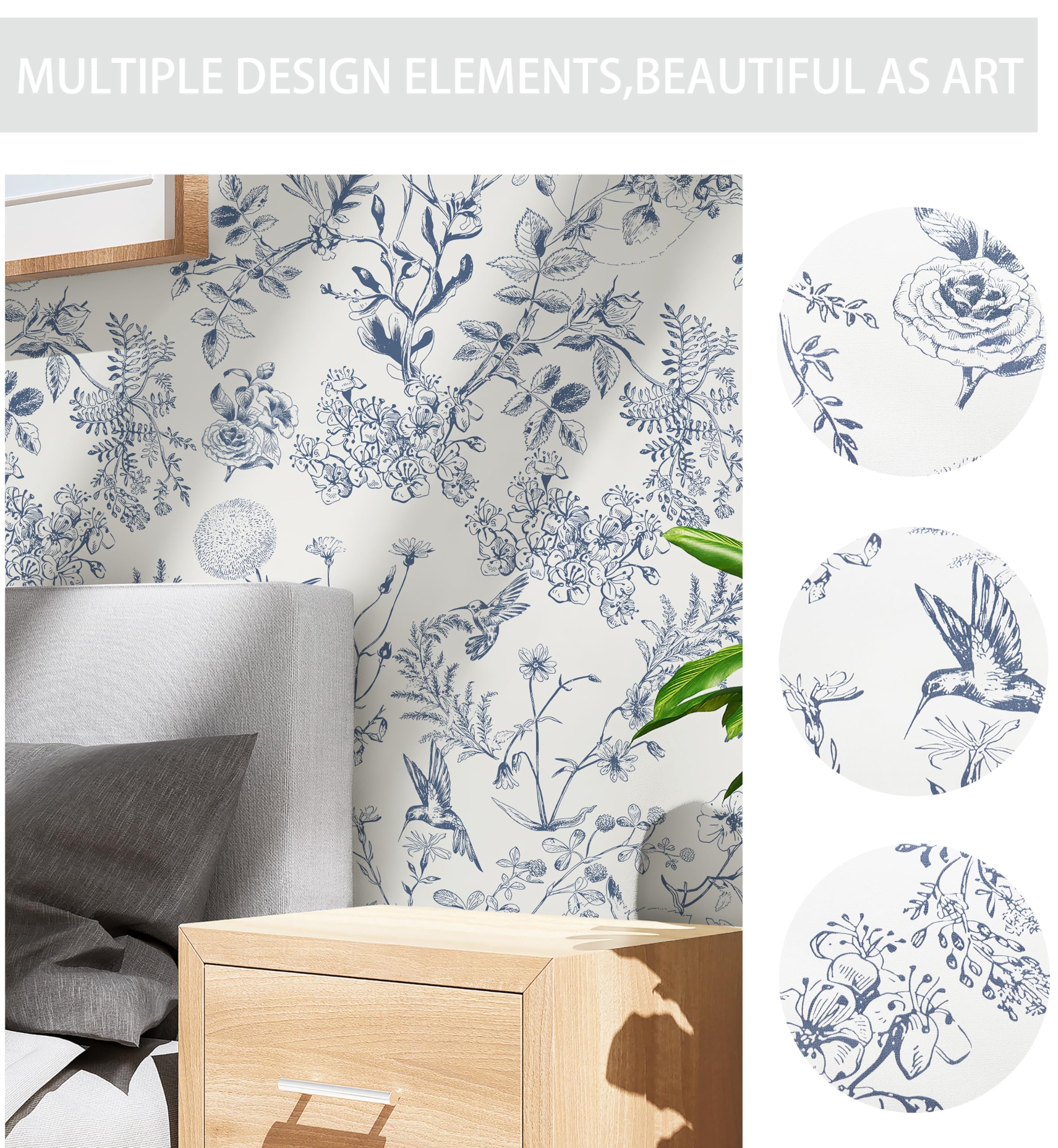 Safiyya Peel and Stick Wallpaper Floral Birds Contact Paper Blue and White Wallpaper Peel and Stick Modern Wallpaper Boho Wallpaper Removable Self Adhesive Wallpaper Vinyl Rolls 118"x17.3"