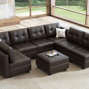 HONBAY Modular Sectional Couch with Storage, U Shaped Couch with Ottomans and Chaises Faux Leather 8-Seater Sectional Sofa for Living Room, Brown