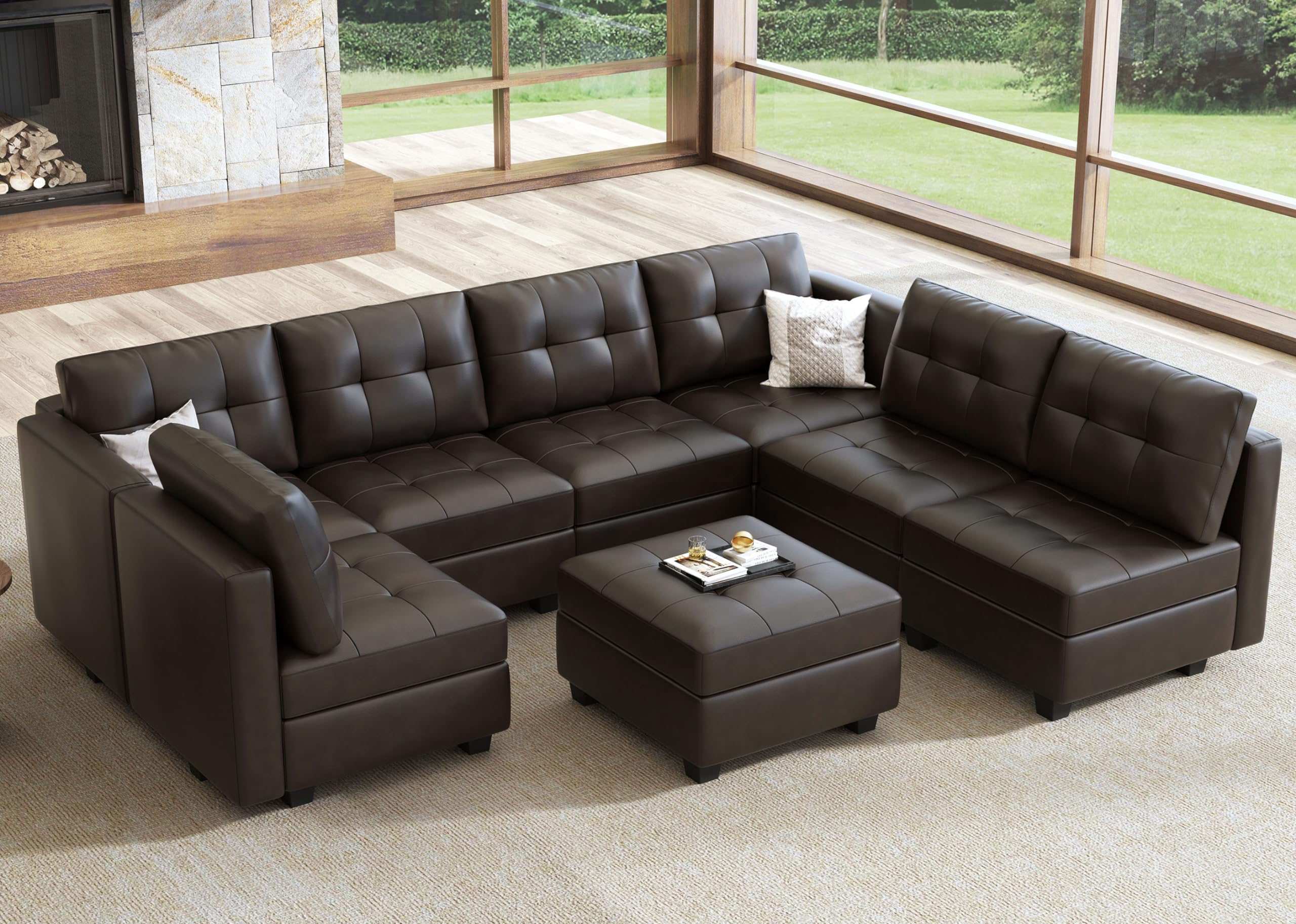 HONBAY Modular Sectional Couch with Storage, U Shaped Couch with Ottomans and Chaises Faux Leather 8-Seater Sectional Sofa for Living Room, Brown