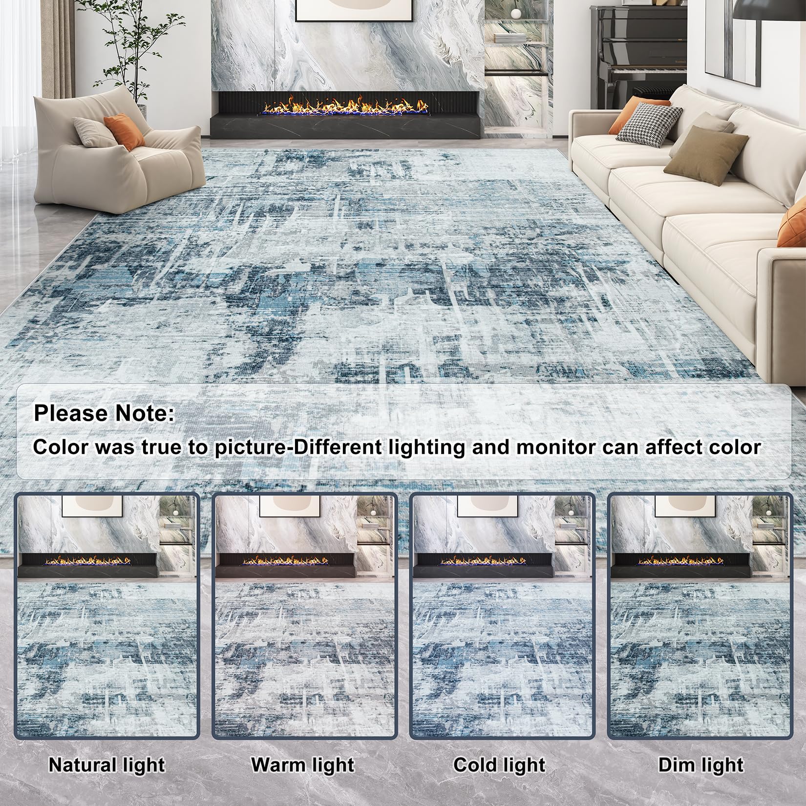 Area Rugs 8x10 Living Room Rug: Large Modern Abstract Soft Rug Non-Slip, Washable Low Pile Floor Carpet for Bedroom, Kitchen, Dining Table Home Office (Blue, 8'x10')