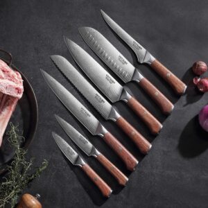 YOTSUBA Kitchen Knife Set, 7 PCS Damascus Knives Sets High Carbon Stainless Steel Sharp Knives, Knife Kit for Japanese with Ergonomic Rosewood Handle