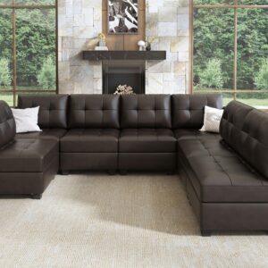 HONBAY Modular Sectional Couch with Storage Faux Leather Convertible Modular sectional Sofa u Shaped Couch with Ottomans and Chaises Faux Leather 7-Seater Sectional Sofa for Living Room, Brown