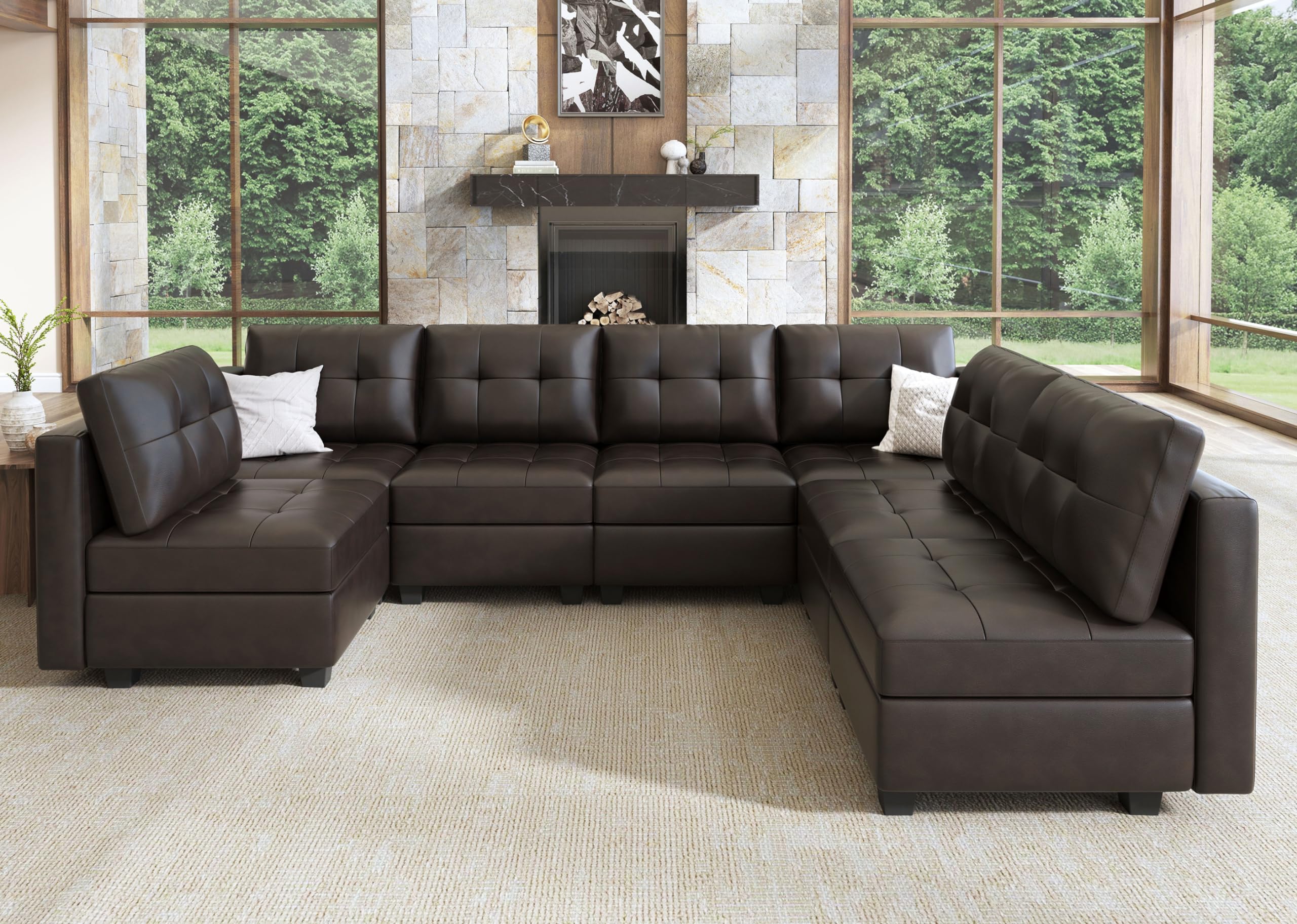 HONBAY Modular Sectional Couch with Storage Faux Leather Convertible Modular sectional Sofa u Shaped Couch with Ottomans and Chaises Faux Leather 7-Seater Sectional Sofa for Living Room, Brown