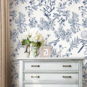 Safiyya Peel and Stick Wallpaper Floral Birds Contact Paper Blue and White Wallpaper Peel and Stick Modern Wallpaper Boho Wallpaper Removable Self Adhesive Wallpaper Vinyl Rolls 118"x17.3"