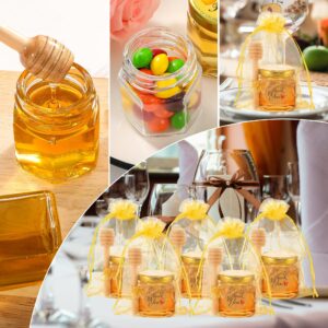 GIVAMEIHF 60Pcs Mini Glass Honey Jars,1.5oz Hexagon Small Honey Jars with Wooden Dippers,Gold Bags,Bee Charms,Thank You Cards,Rope,Stickers,Mini Honey Jars Party Favors for Baby Shower Wedding