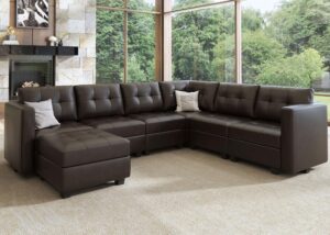 honbay modular sectional couch with storage faux leather convertible modular sectional sofa u shaped couch with ottomans and chaises faux leather 7-seater sectional sofa for living room, brown