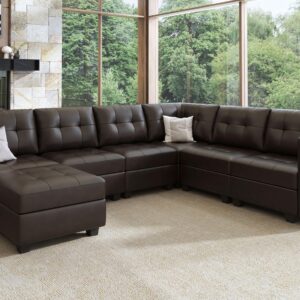 HONBAY Modular Sectional Couch with Storage Faux Leather Convertible Modular sectional Sofa u Shaped Couch with Ottomans and Chaises Faux Leather 7-Seater Sectional Sofa for Living Room, Brown