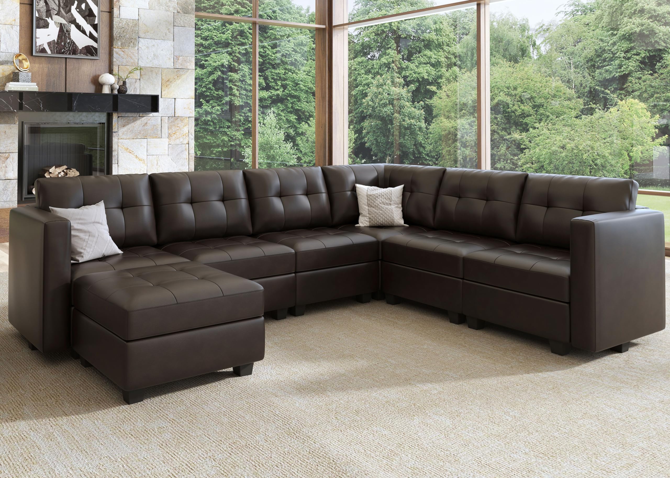 HONBAY Modular Sectional Couch with Storage Faux Leather Convertible Modular sectional Sofa u Shaped Couch with Ottomans and Chaises Faux Leather 7-Seater Sectional Sofa for Living Room, Brown