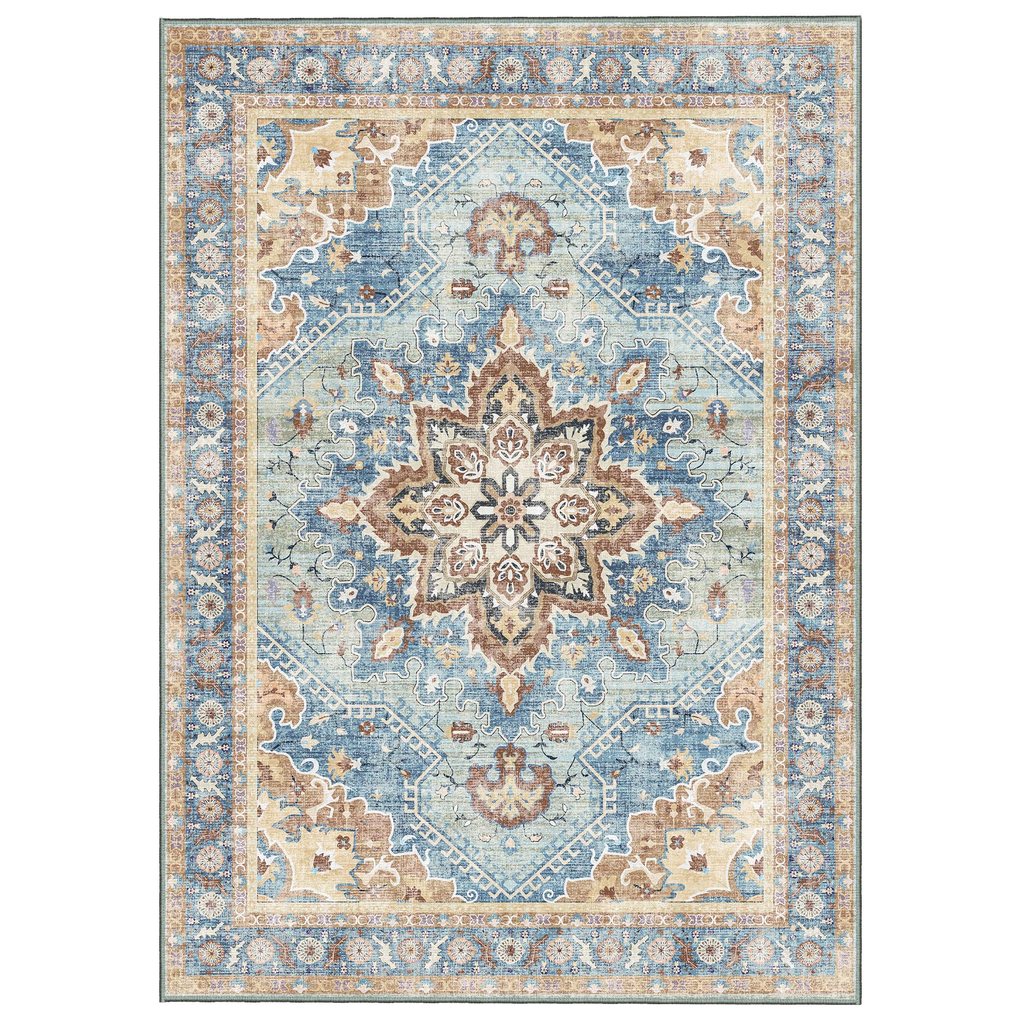 VOTOWN HOME Area Rug 6'x9' - Vintage Design Washable Living Room Rug with Non-Slip Rubber Backing, Non-Shedding, Faux Wool Vintage Boho Area Rug for Bedroom, Dining Room and Laundry Room