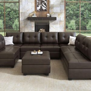 HONBAY Modular Sectional Couch with Storage, U Shaped Couch with Ottomans and Chaises Faux Leather 8-Seater Sectional Sofa for Living Room, Brown