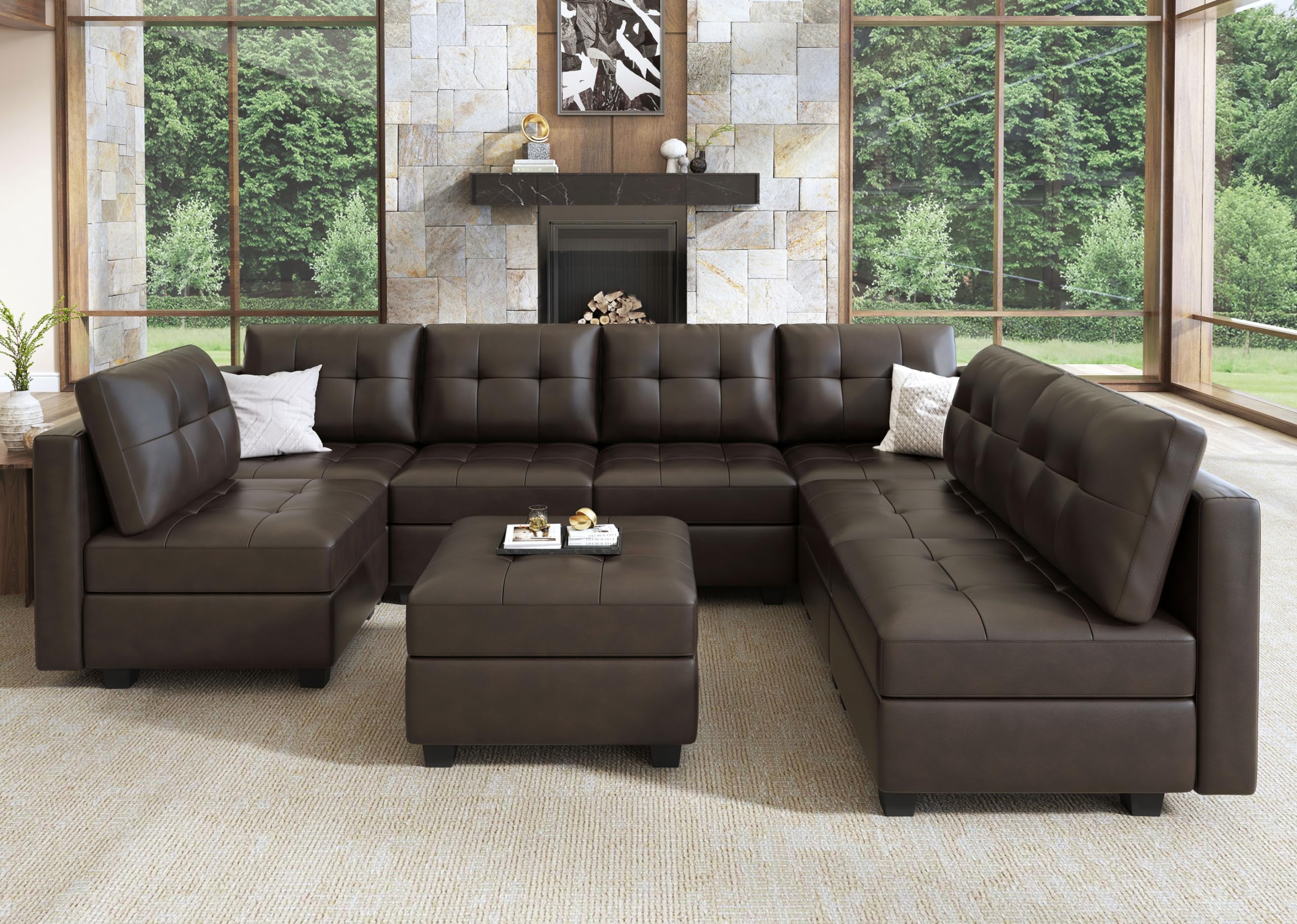 HONBAY Modular Sectional Couch with Storage, U Shaped Couch with Ottomans and Chaises Faux Leather 8-Seater Sectional Sofa for Living Room, Brown