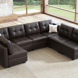 HONBAY Modular Sectional Couch with Storage Faux Leather Convertible Modular sectional Sofa u Shaped Couch with Ottomans and Chaises Faux Leather 7-Seater Sectional Sofa for Living Room, Brown