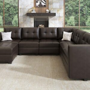 HONBAY Modular Sectional Couch with Storage Faux Leather Convertible Modular sectional Sofa u Shaped Couch with Ottomans and Chaises Faux Leather 7-Seater Sectional Sofa for Living Room, Brown