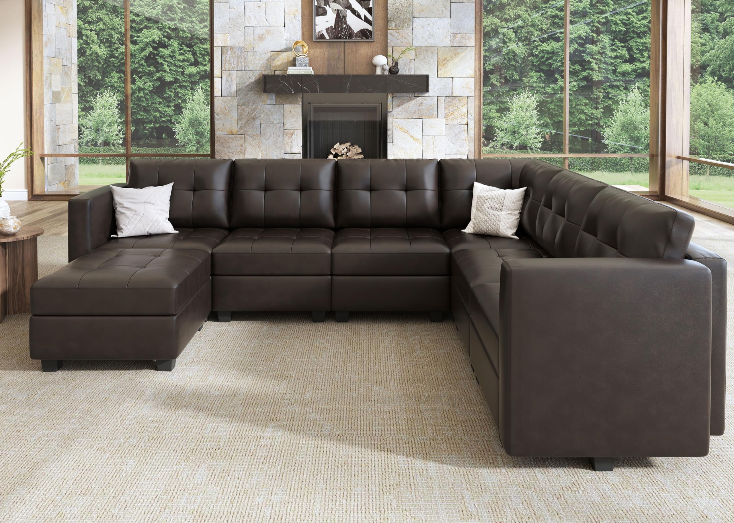 HONBAY Modular Sectional Couch with Storage Faux Leather Convertible Modular sectional Sofa u Shaped Couch with Ottomans and Chaises Faux Leather 7-Seater Sectional Sofa for Living Room, Brown