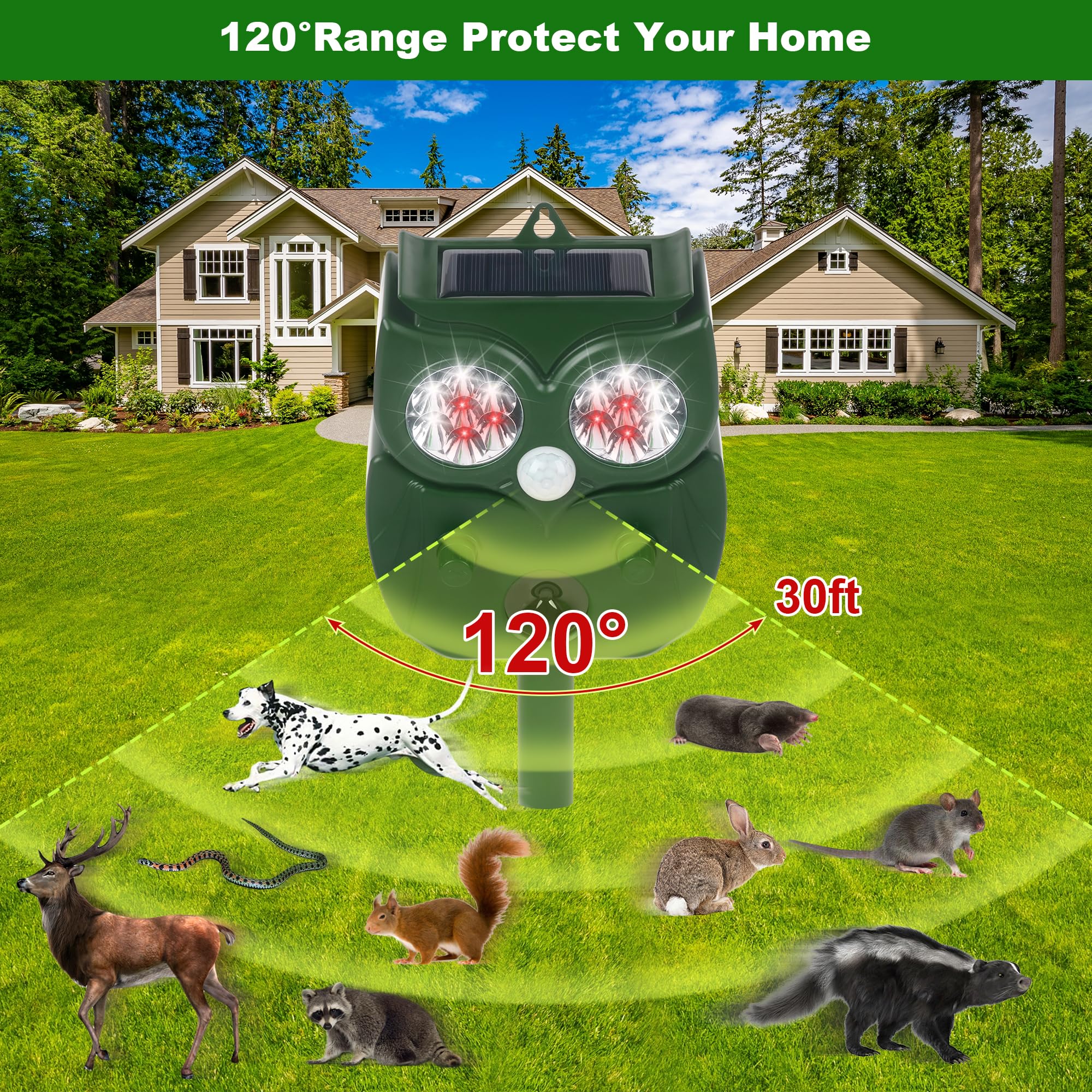 Ultrasonic Solar Animal Repellent - Waterproof Outdoor Pest Repellent for Mouse, Snake, Stray Cat, Dogs, Deers, Squirrels