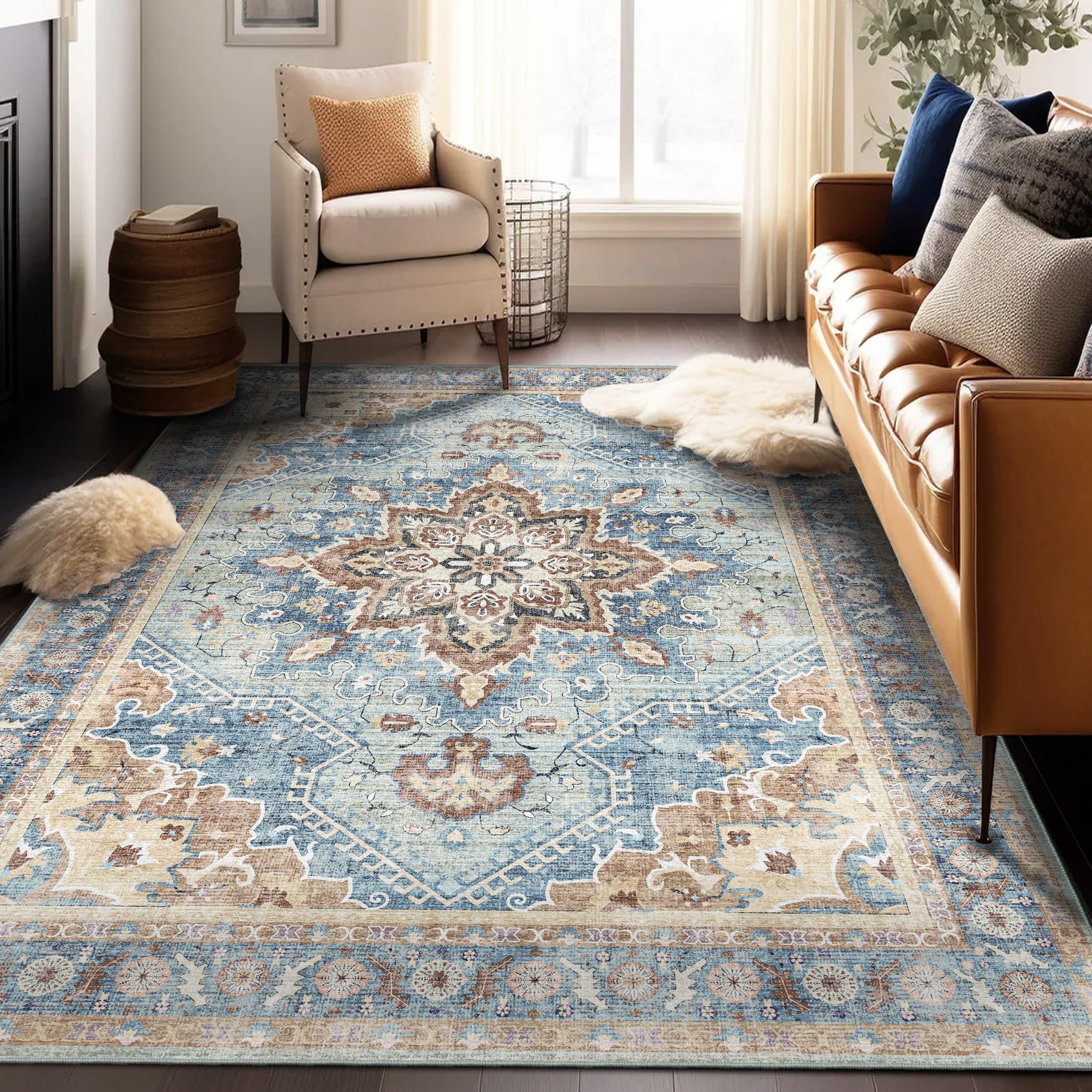 VOTOWN HOME Area Rug 6'x9' - Vintage Design Washable Living Room Rug with Non-Slip Rubber Backing, Non-Shedding, Faux Wool Vintage Boho Area Rug for Bedroom, Dining Room and Laundry Room