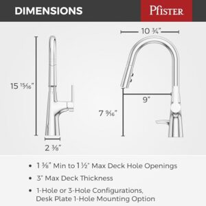 Pfister Tasso Kitchen Faucet with Pull Down Sprayer and Soap Dispenser, Single Handle, High Arc, Polished Chrome Finish, F5297TSOC