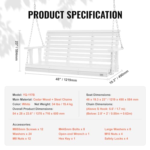 VEVOR Wooden Porch Swing 4.5 ft, Patio Bench Swing for Courtyard & Garden, Upgraded 880 lbs Strong Load Capacity, Heavy Duty Swing Chair Bench with Hanging Chains for Outdoors, White