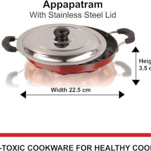 KASHVIYA Heavy 12 Cavities Non Stick Appam Patra With Stainless Lid,Red (Paniyarrakal/Paniyaram/Appam Pan/Maker/Pan Cake Maker), Aluminium (Large Black)(Gas Compatible)