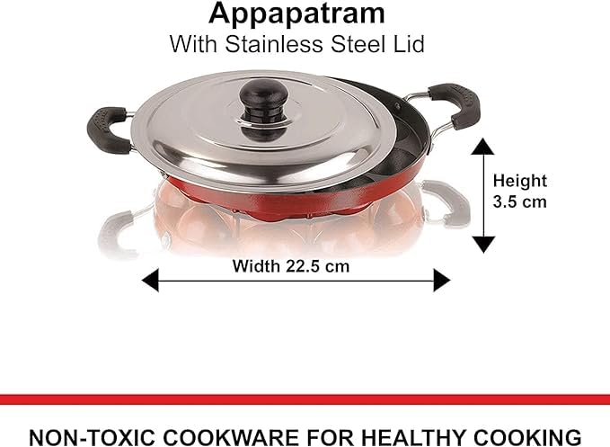 KASHVIYA Heavy 12 Cavities Non Stick Appam Patra With Stainless Lid,Red (Paniyarrakal/Paniyaram/Appam Pan/Maker/Pan Cake Maker), Aluminium (Large Black)(Gas Compatible)