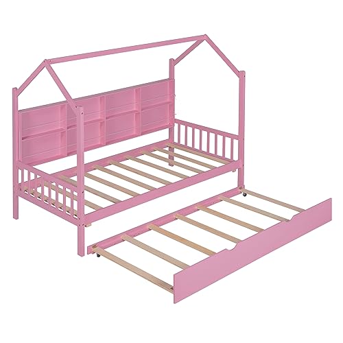 GOWE Wooden Twin Size House Bed with Trundle,Kids Bed with Shelf,Pink