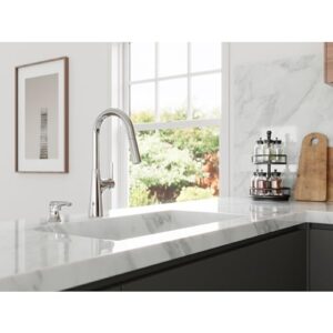 Pfister Tasso Kitchen Faucet with Pull Down Sprayer and Soap Dispenser, Single Handle, High Arc, Polished Chrome Finish, F5297TSOC