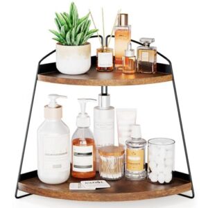 puricon bathroom counter organizer, 2 tier corner countertop storage shelf bathroom sink organizer, wood triangle bathroom organization for skincare kitchen vanitity- brown