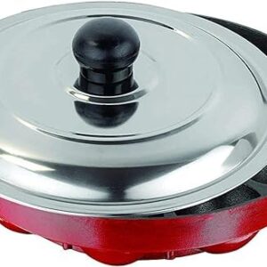 KASHVIYA Heavy 12 Cavities Non Stick Appam Patra With Stainless Lid,Red (Paniyarrakal/Paniyaram/Appam Pan/Maker/Pan Cake Maker), Aluminium (Large Black)(Gas Compatible)