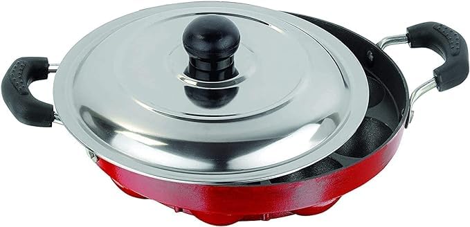 KASHVIYA Heavy 12 Cavities Non Stick Appam Patra With Stainless Lid,Red (Paniyarrakal/Paniyaram/Appam Pan/Maker/Pan Cake Maker), Aluminium (Large Black)(Gas Compatible)