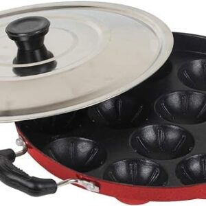 KASHVIYA Heavy 12 Cavities Non Stick Appam Patra With Stainless Lid,Red (Paniyarrakal/Paniyaram/Appam Pan/Maker/Pan Cake Maker), Aluminium (Large Black)(Gas Compatible)