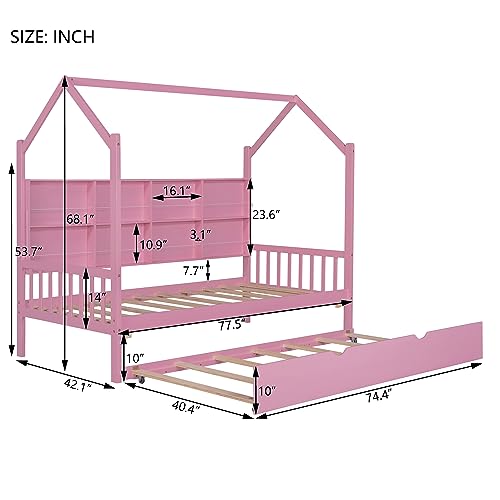 GOWE Wooden Twin Size House Bed with Trundle,Kids Bed with Shelf,Pink