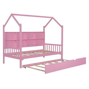 GOWE Wooden Twin Size House Bed with Trundle,Kids Bed with Shelf,Pink