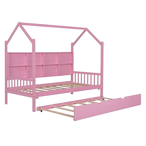 GOWE Wooden Twin Size House Bed with Trundle,Kids Bed with Shelf,Pink