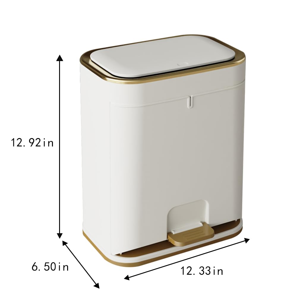 Bathroom Trash Can with Lid, Plastic 3 Gallon Garbage can with Press top Lid, Gold Step Pedal Trash can, Narrow White Trash bin for Kitchen, Bathroom, Bedroom, Living Room, Office, Dog Proof Trash Can