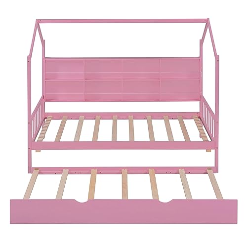 GOWE Wooden Twin Size House Bed with Trundle,Kids Bed with Shelf,Pink