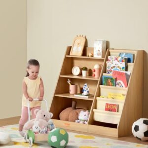 VEVOR Wooden Kids Bookshelf 4-Tier, Toy Storage Organizer for Toddler, Book Shelf for Kids Rooms with 6-Layer Sling Book Rack, Baby Book Storage Shelves for Kids Room, Playroom, Kindergarten, Nursery